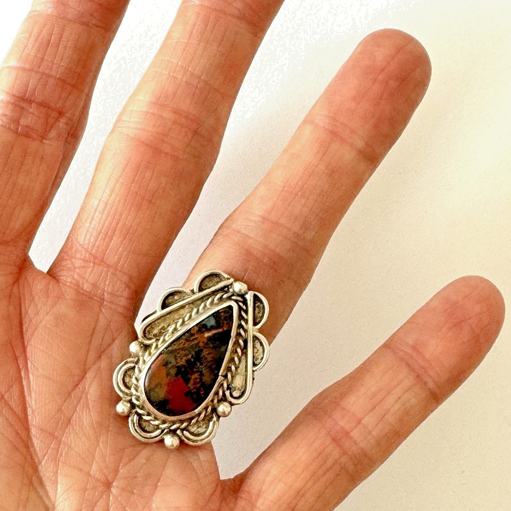 VTG Navajo Agate Ring Sz 7 Sterling Old Pear 1960s Unique Native American - Picture 2 of 6